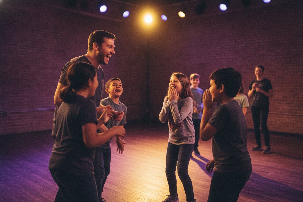 An improv teacher laughing with a small group of kids mid-game