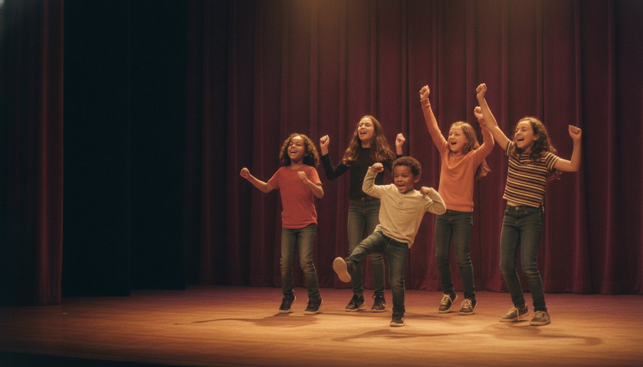 A group of kids laughing and cheering mid-scene on a small theater stage under warm lights