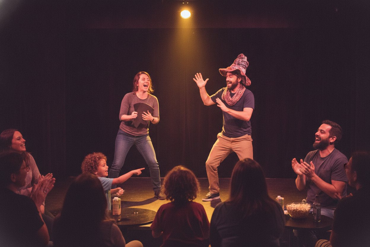 Performers making a family audience laugh at the Family Funny Hour