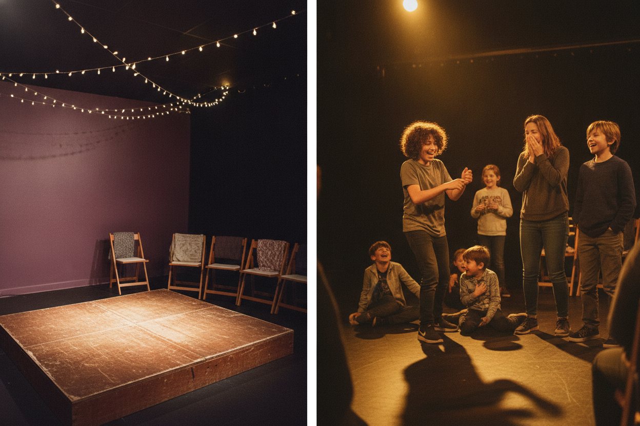 The Spark Stage – a cozy black-box improv studio with a low stage and warm lights