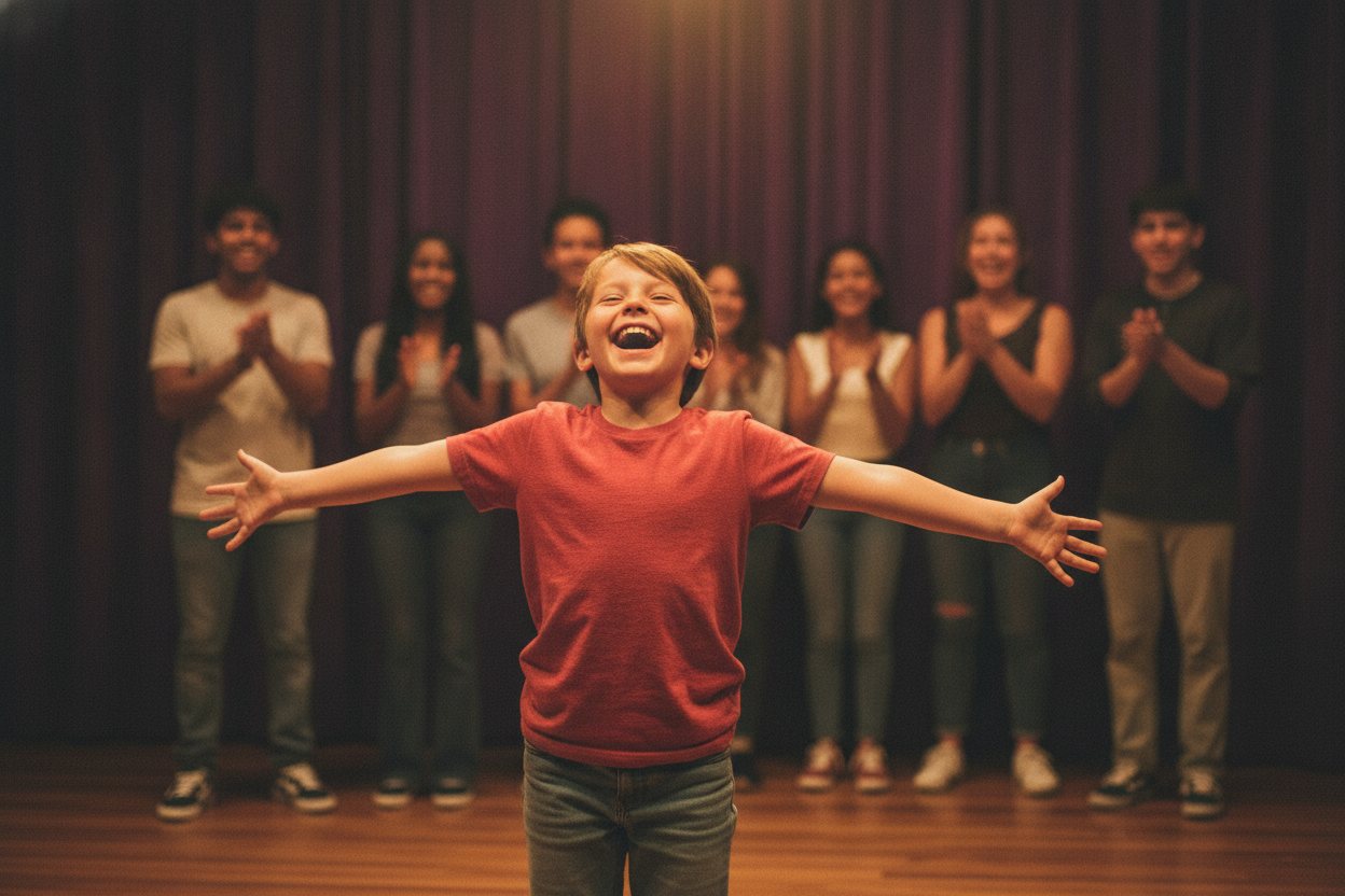 A child on stage mid-laugh with arms wide open during an improv game